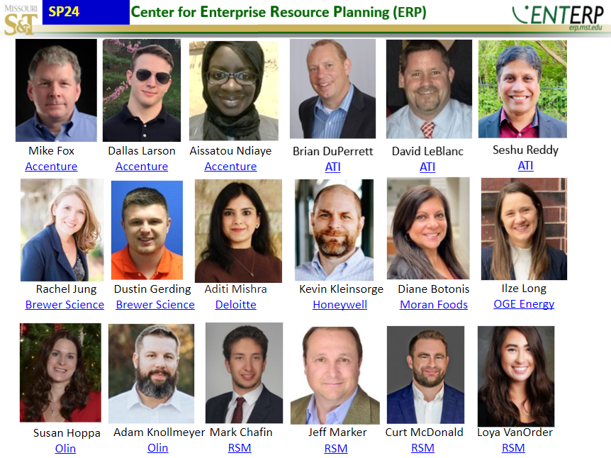 Grid of headshots featuring 18 professionals from various companies with the title 'Center for Enterprise Resource Planning (ERP)' at Missouri S&T.
